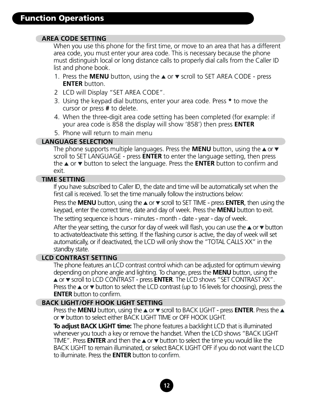 SBC comm SBC-116 user manual Area Code Setting, Language Selection, Time Setting, LCD Contrast Setting 