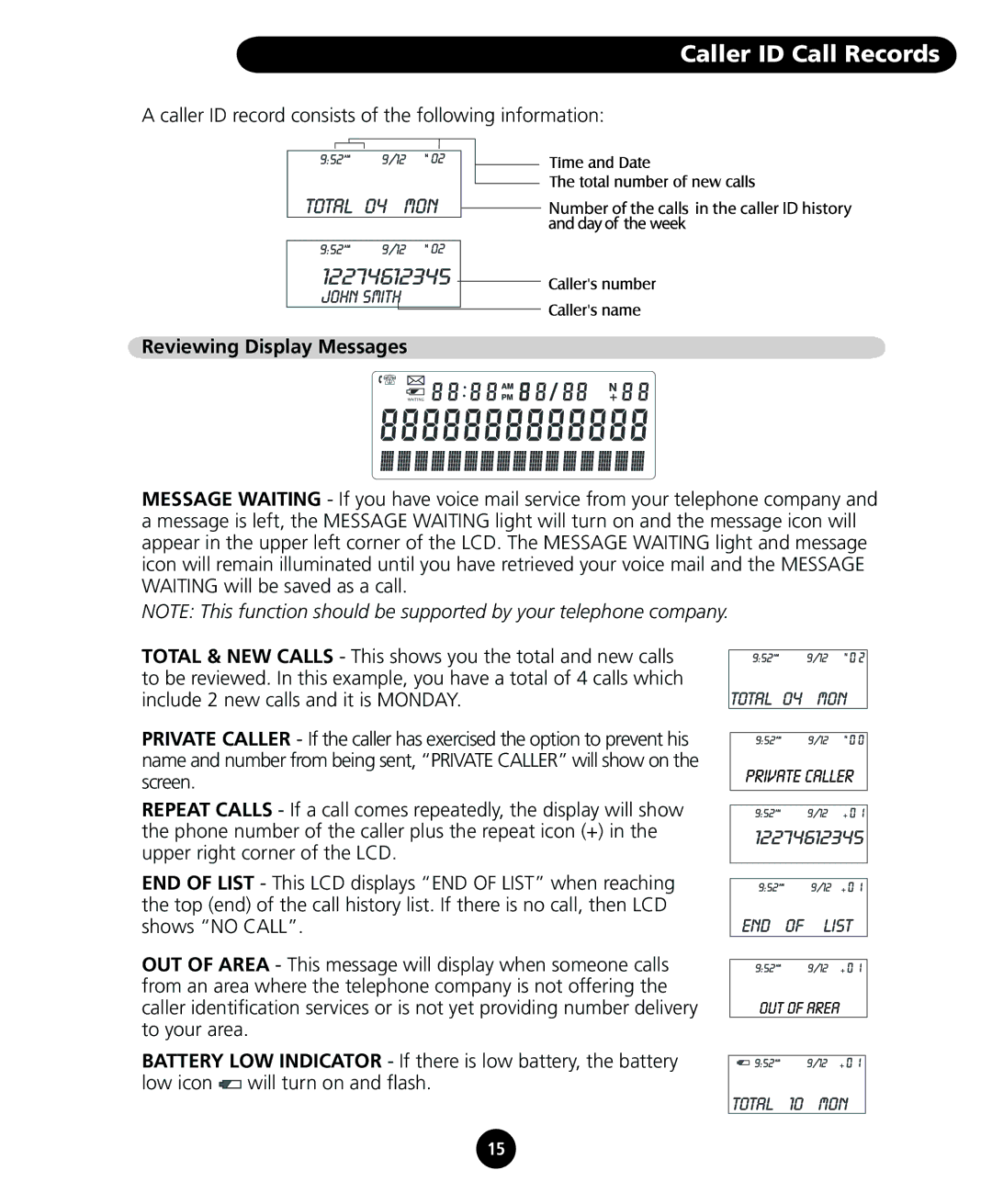 SBC comm SBC-116 user manual Caller ID Call Records, Reviewing Display Messages 