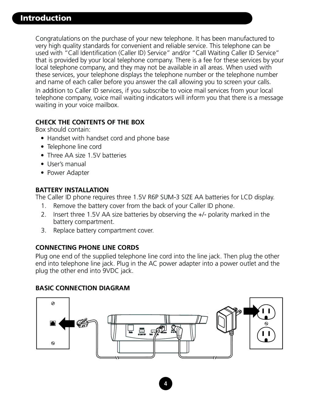 SBC comm SBC-116 user manual Introduction, Check the Contents of the BOX, Battery Installation, Connecting Phone Line Cords 