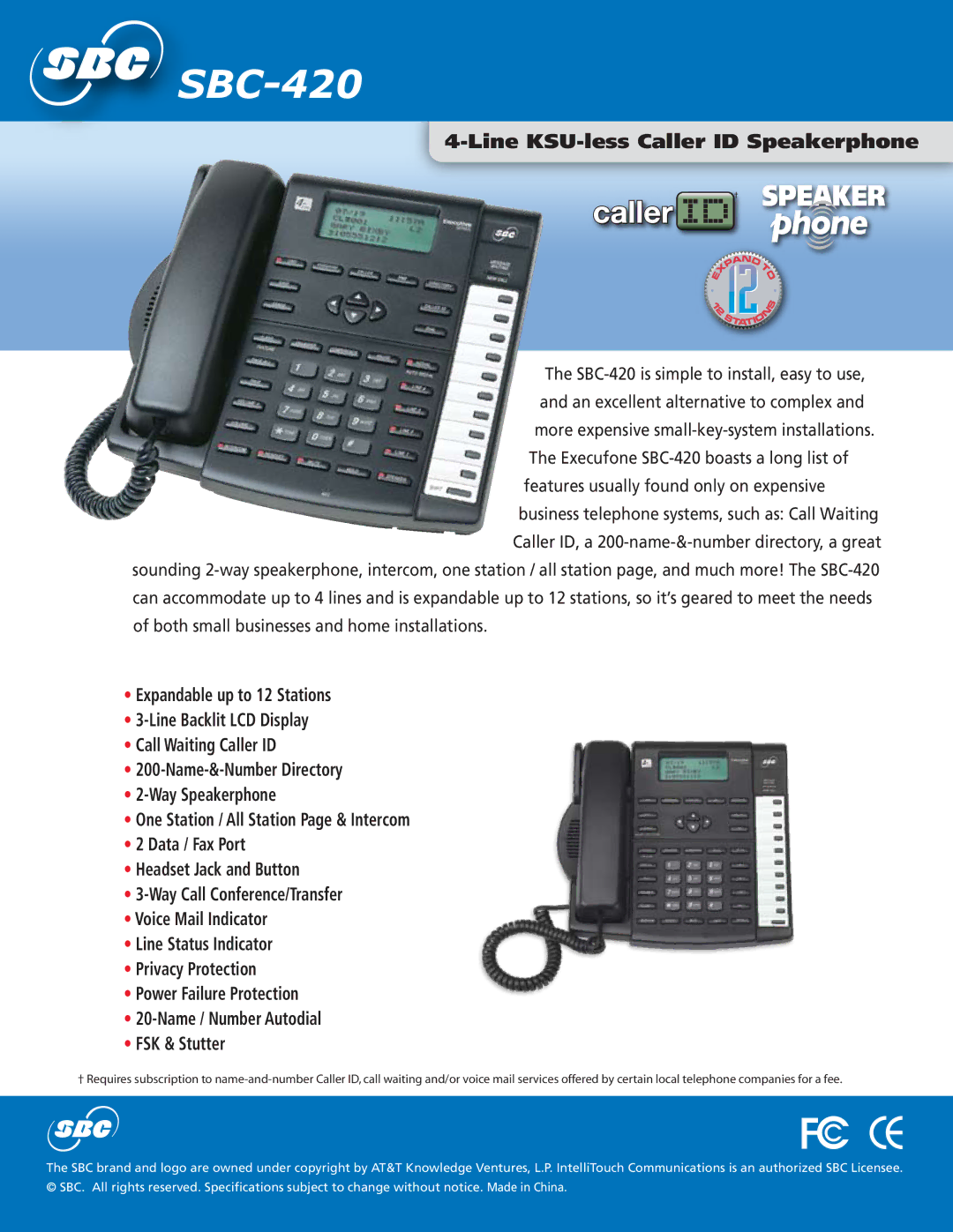 SBC comm SBC-420 specifications Line KSU-less Caller ID Speakerphone 