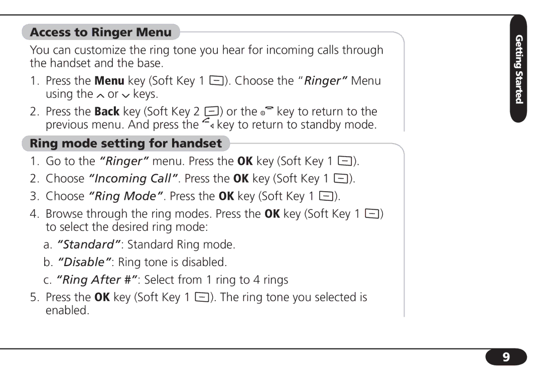 SBC comm SBC-6020 user manual Access to Ringer Menu, Ring mode setting for handset 