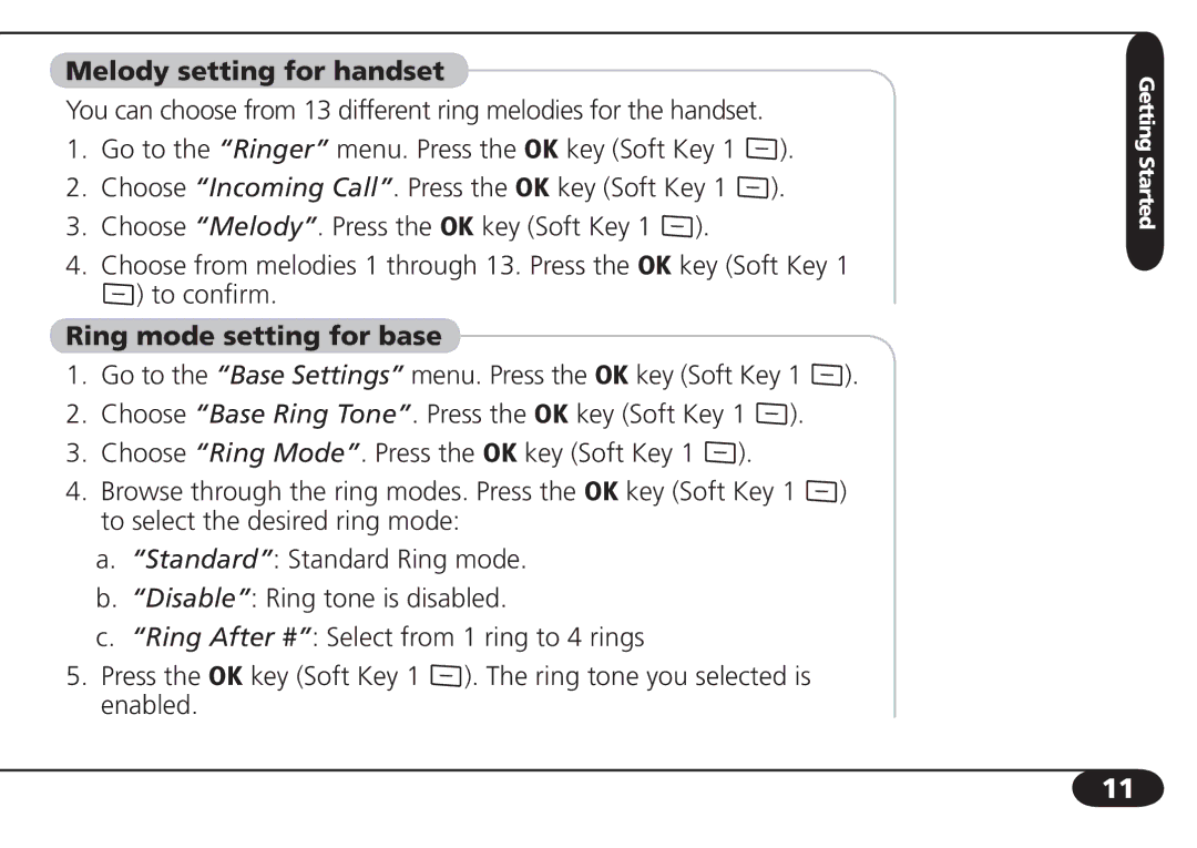 SBC comm SBC-6020 user manual Melody setting for handset, Ring mode setting for base 