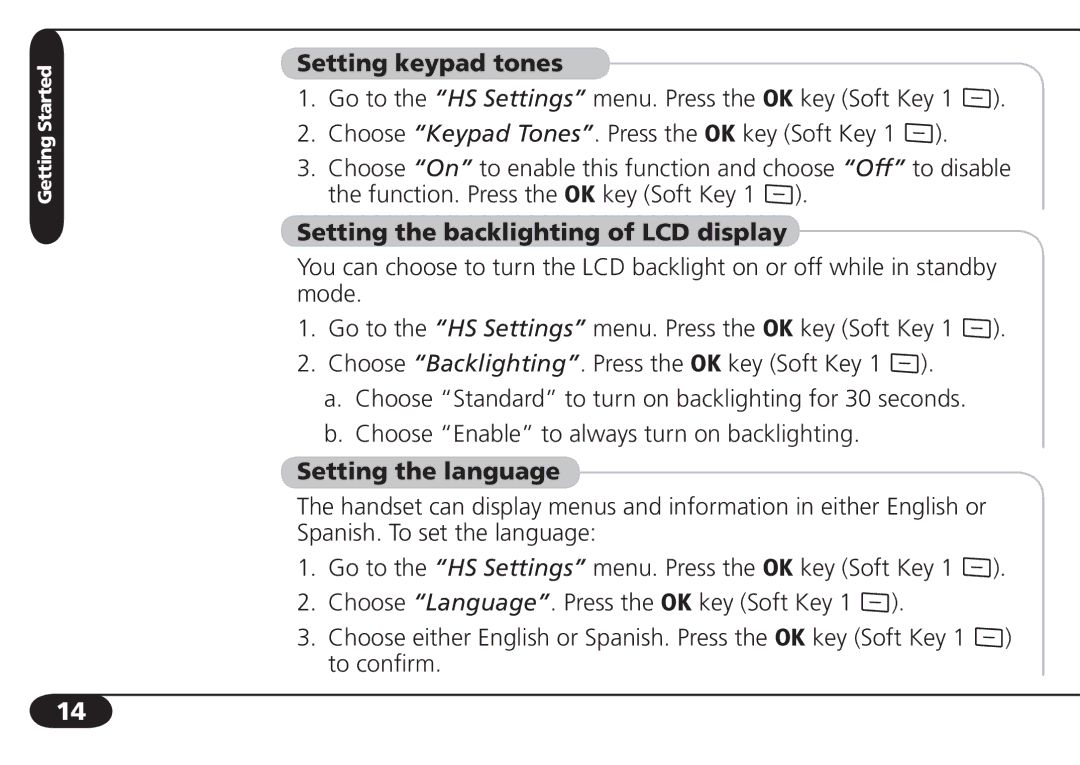 SBC comm SBC-6020 user manual Setting keypad tones, Setting the backlighting of LCD display, Setting the language 