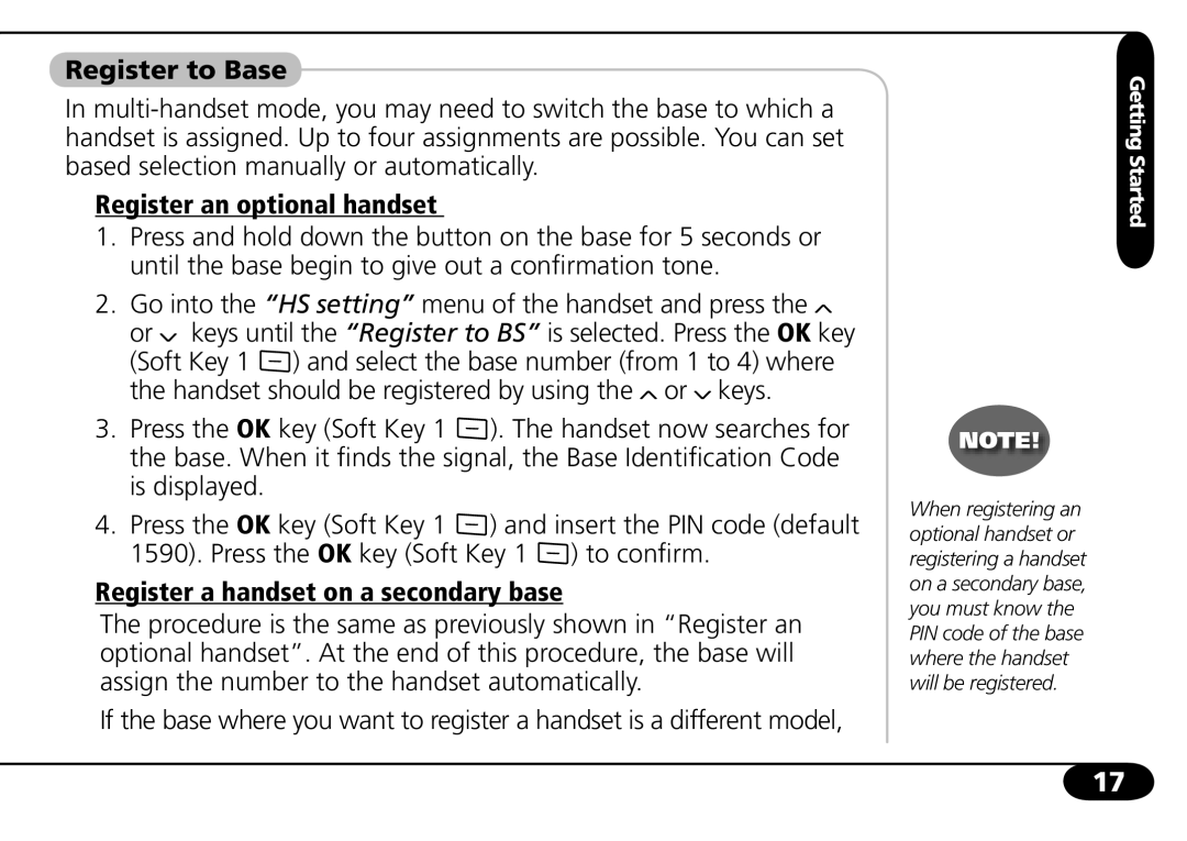 SBC comm SBC-6020 user manual Register to Base, Register an optional handset, Register a handset on a secondary base 