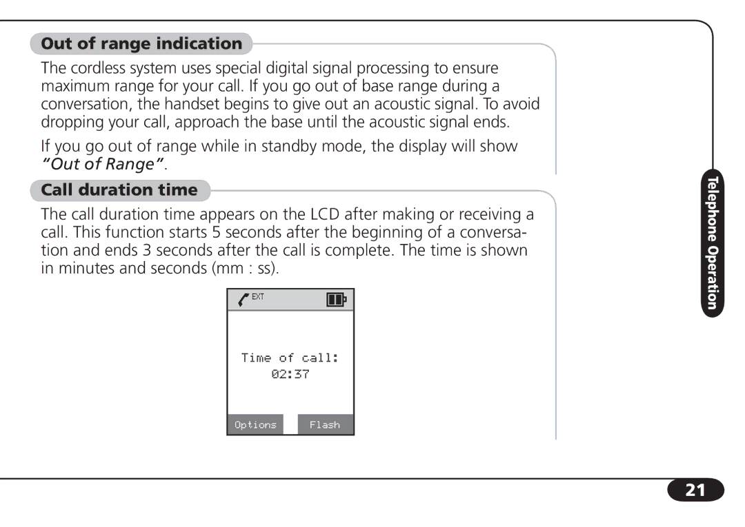 SBC comm SBC-6020 user manual Out of range indication, Call duration time 