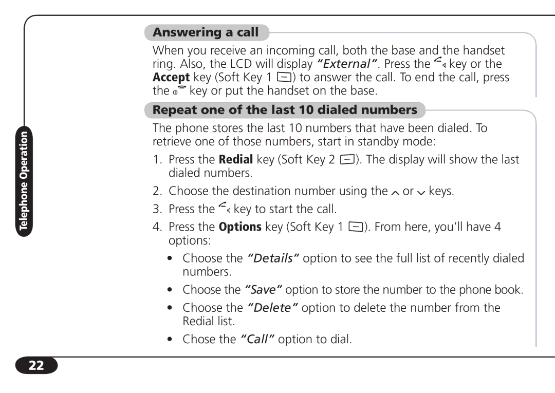 SBC comm SBC-6020 user manual Answering a call, Repeat one of the last 10 dialed numbers 