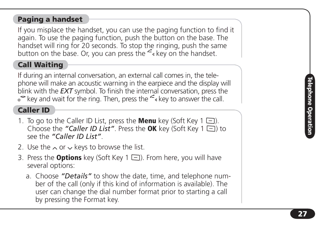 SBC comm SBC-6020 user manual Paging a handset, Call Waiting, Caller ID 