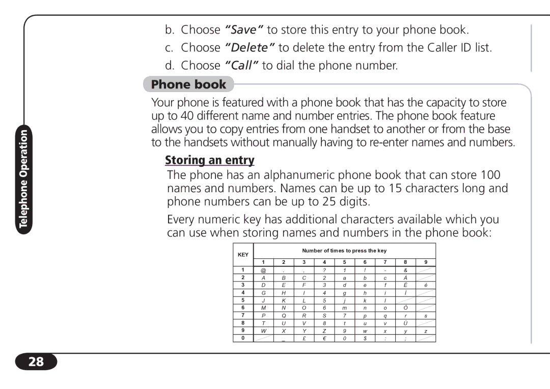 SBC comm SBC-6020 user manual Phone book, Storing an entry 