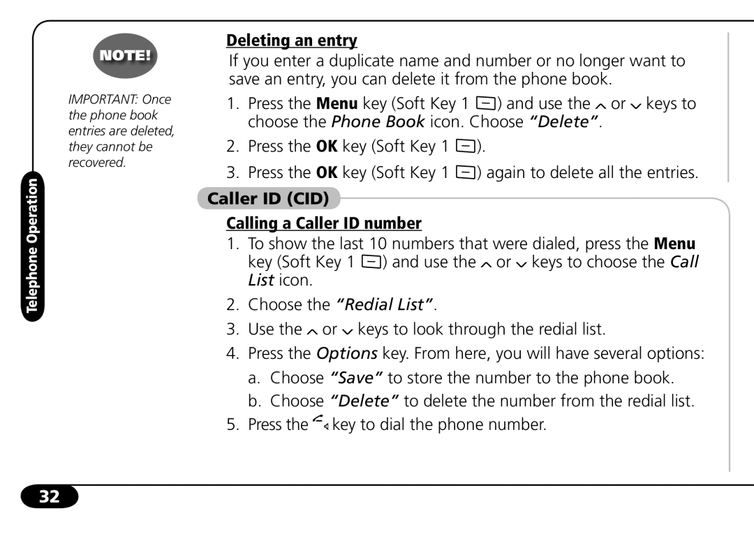 SBC comm SBC-6020 user manual Deleting an entry, Caller ID CID Calling a Caller ID number 