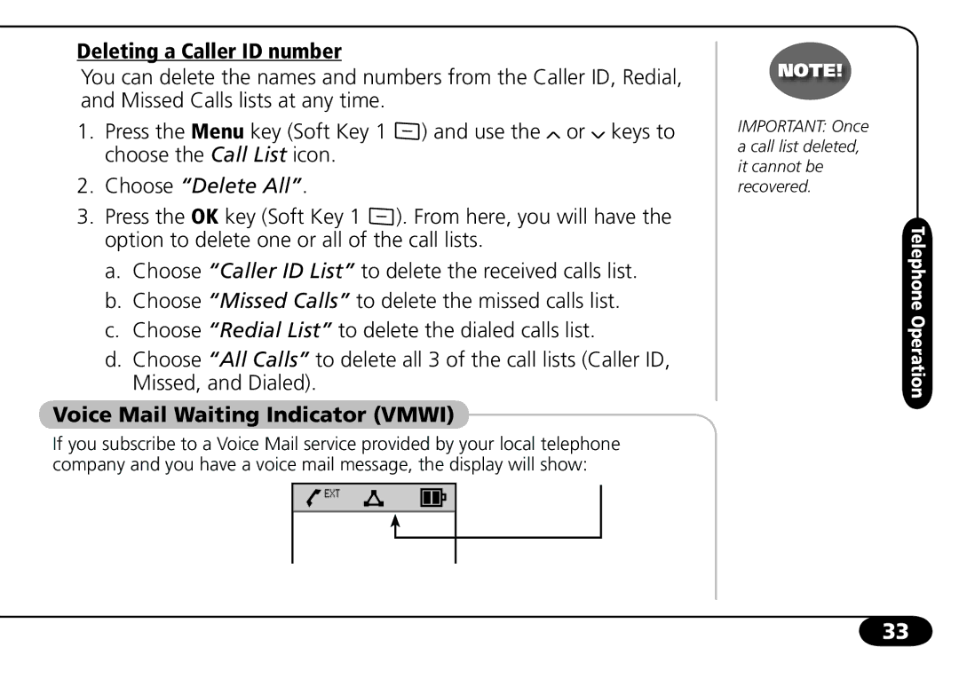 SBC comm SBC-6020 user manual Deleting a Caller ID number, Voice Mail Waiting Indicator Vmwi 