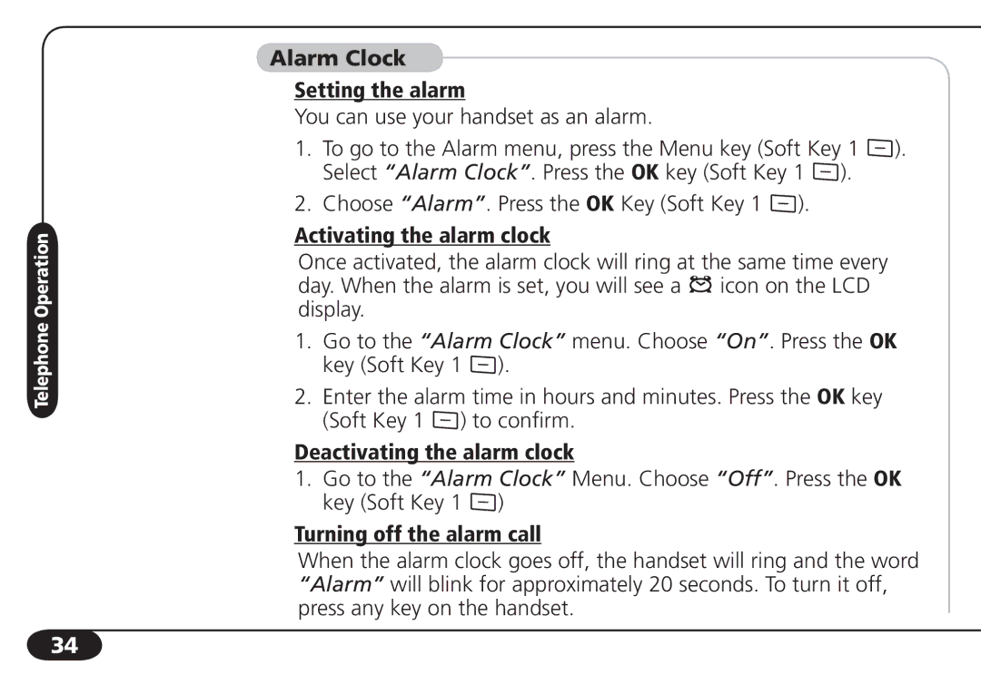 SBC comm SBC-6020 user manual Alarm Clock Setting the alarm, Activating the alarm clock, Deactivating the alarm clock 