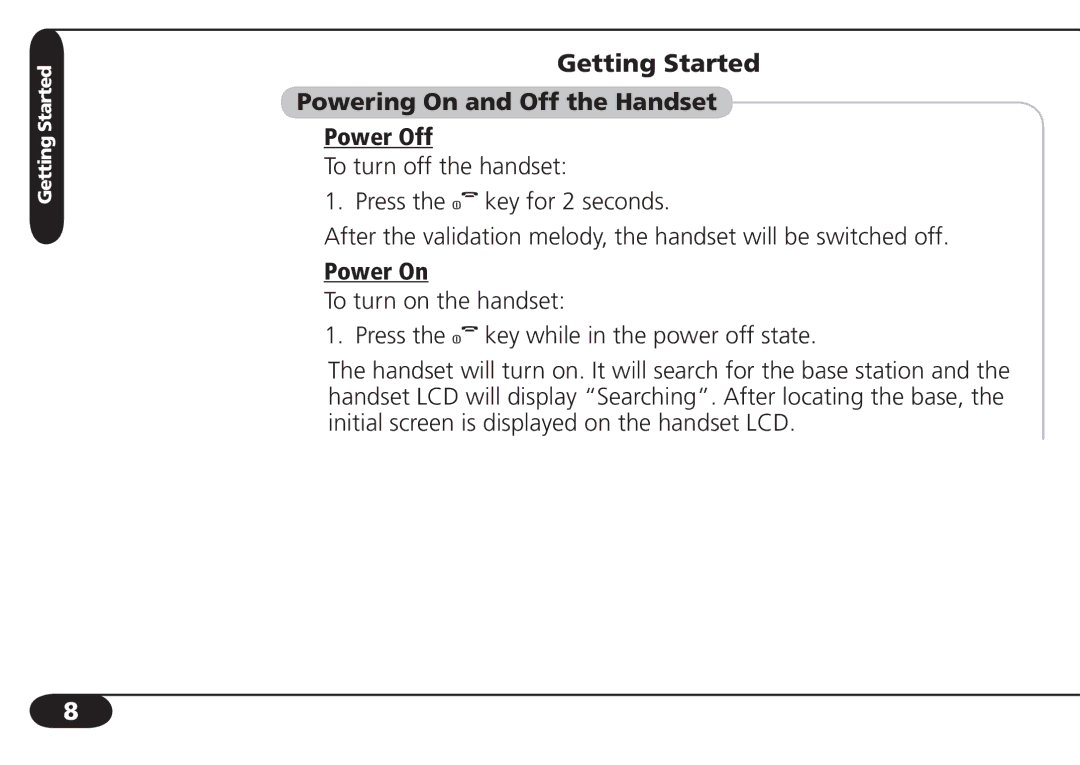 SBC comm SBC-6020 user manual Getting Started, Powering On and Off the Handset Power Off, Power On 