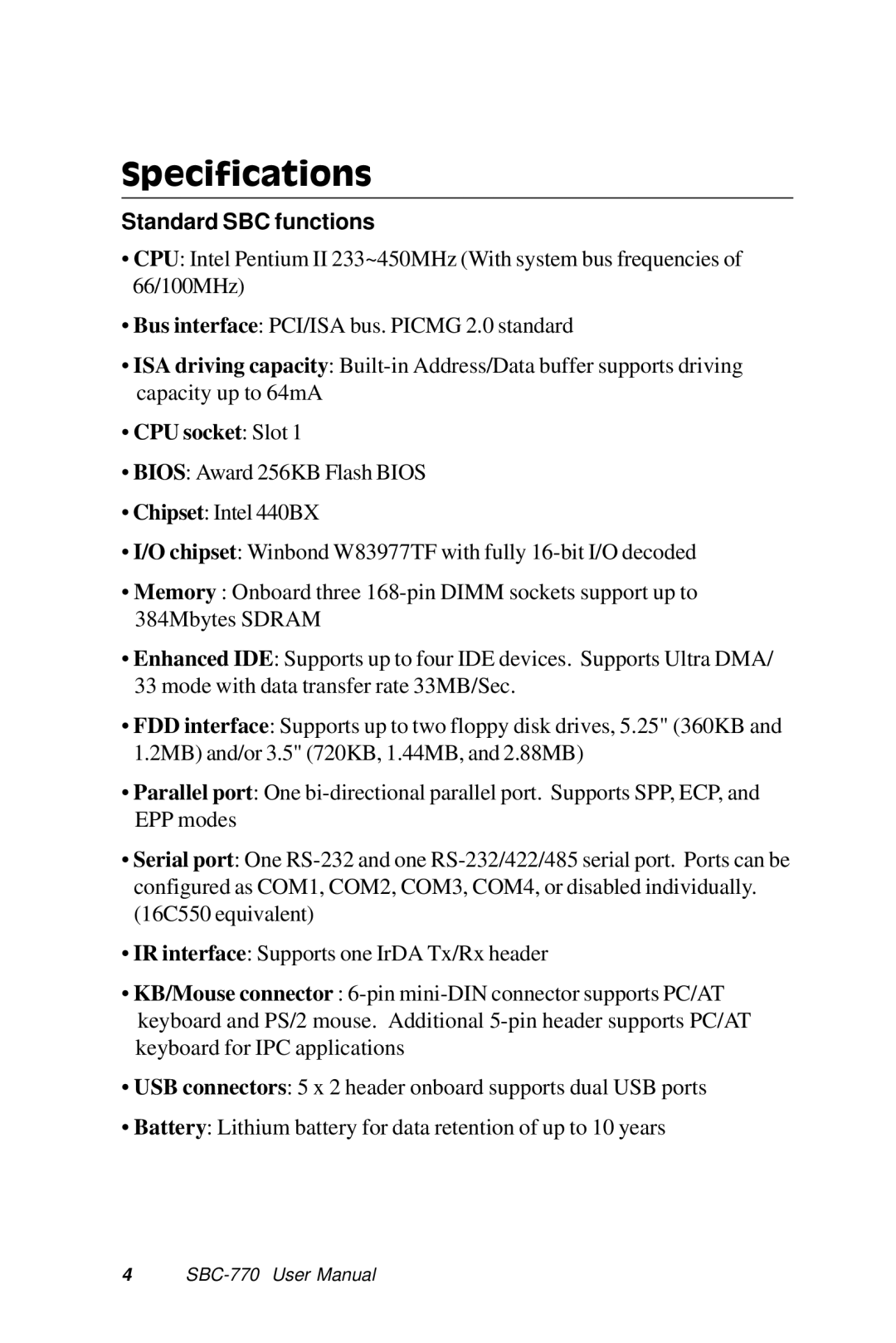 SBC comm SBC-770 manual Specifications, Standard SBC functions 