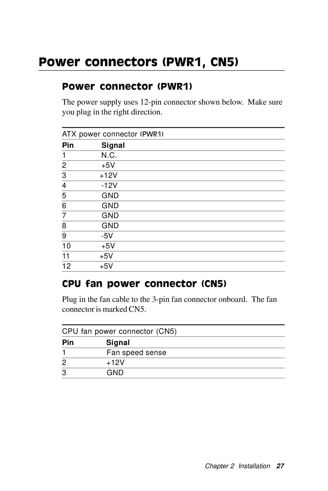 SBC comm SBC-770 manual Power connectors PWR1, CN5, Power connector PWR1, CPU fan power connector CN5 