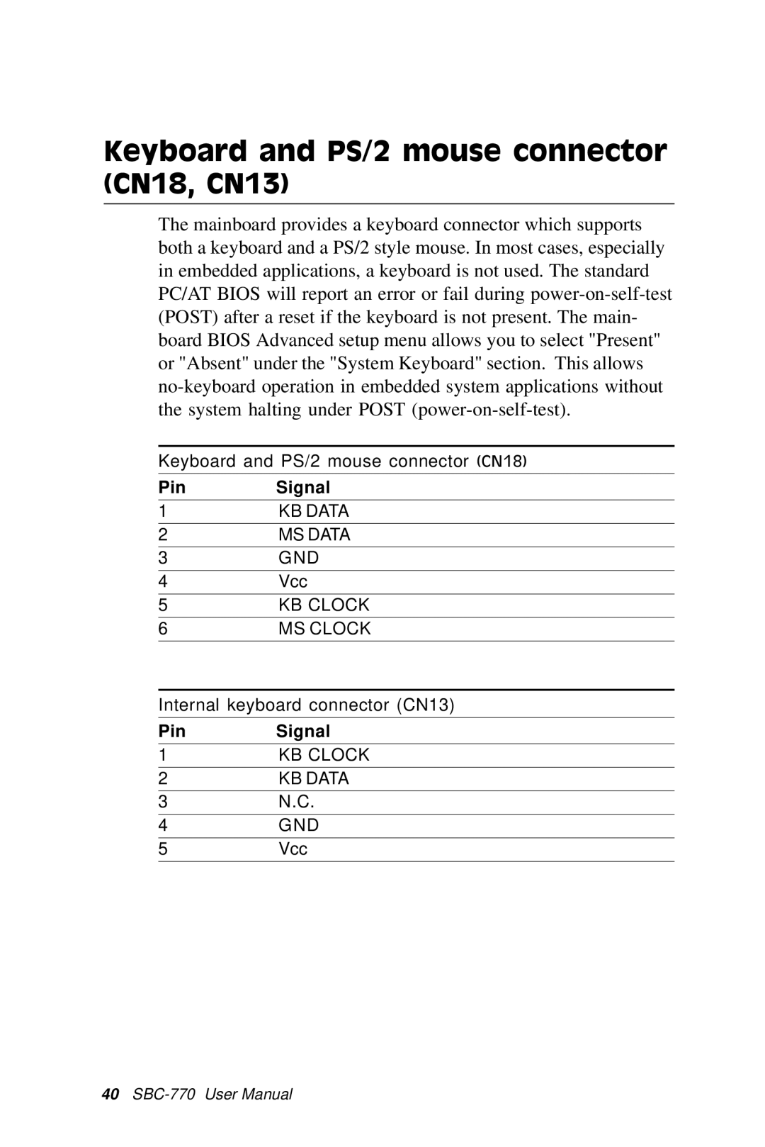 SBC comm SBC-770 manual Keyboard and PS/2 mouse connector CN18, CN13 