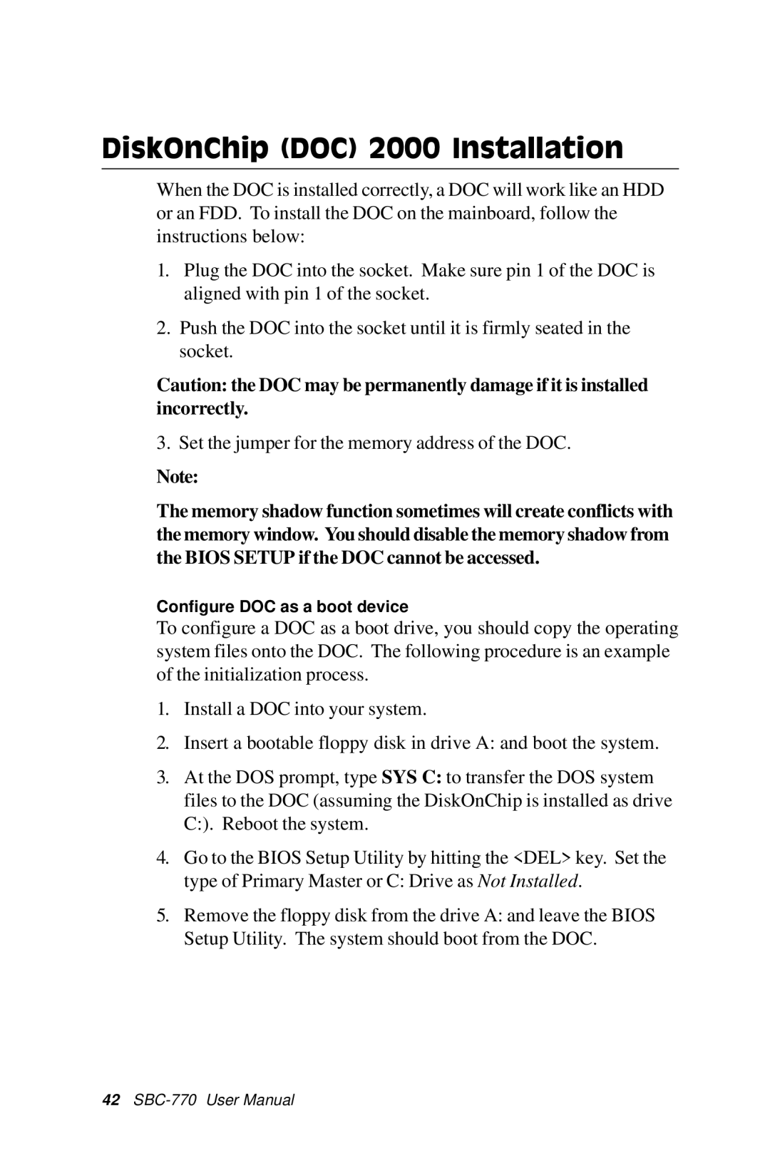 SBC comm SBC-770 manual DiskOnChip DOC 2000 Installation 