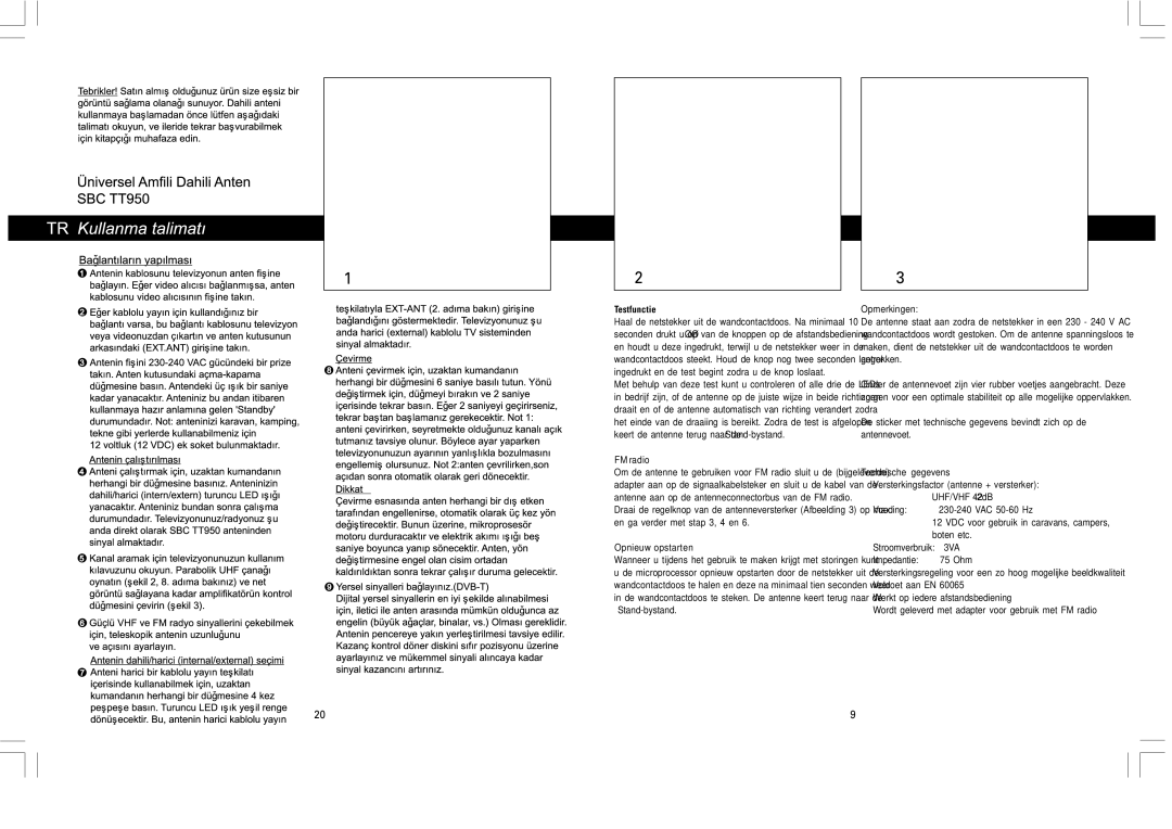 SBC comm SBCTT950 instruction manual Testfunctie, Opnieuwopstarten, Opmerkingen, Technische gegevens 