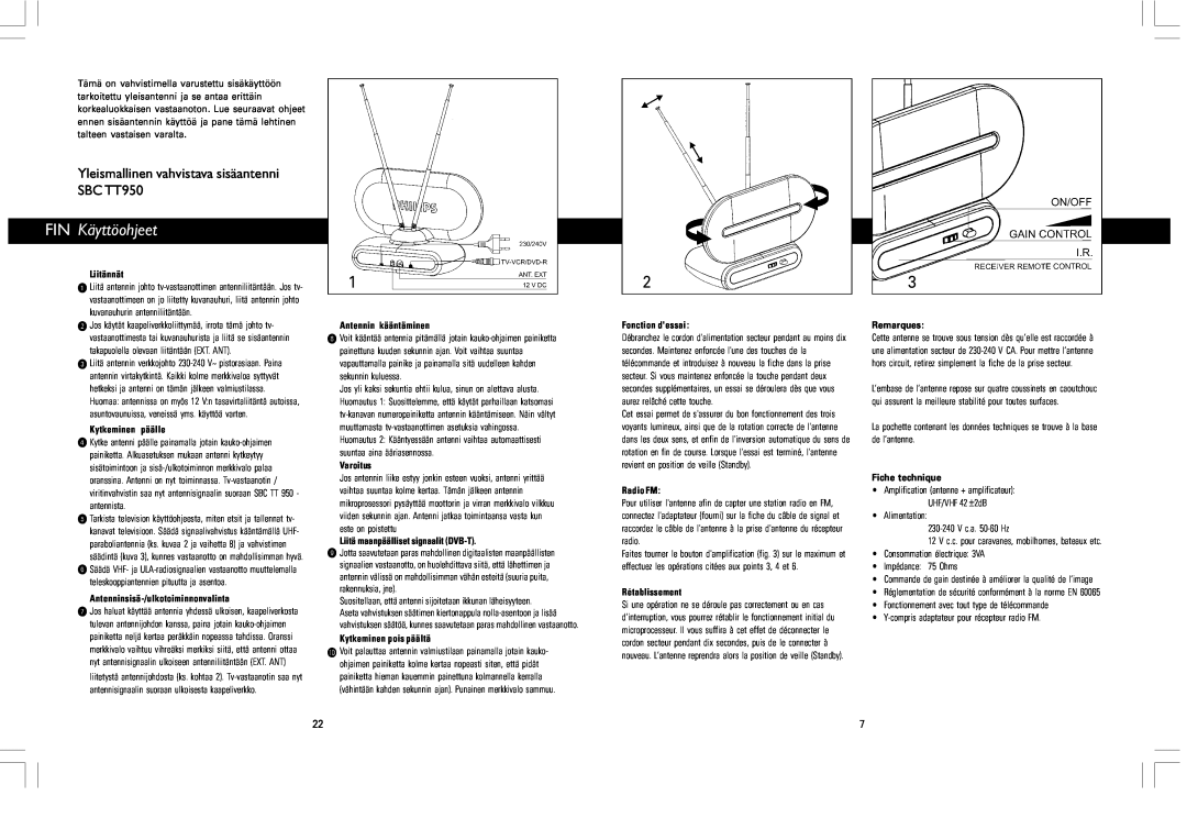 SBC comm SBCTT950 instruction manual FIN Käyttöohjeet, Yleismallinen vahvistava sisäantenni SBC TT950 