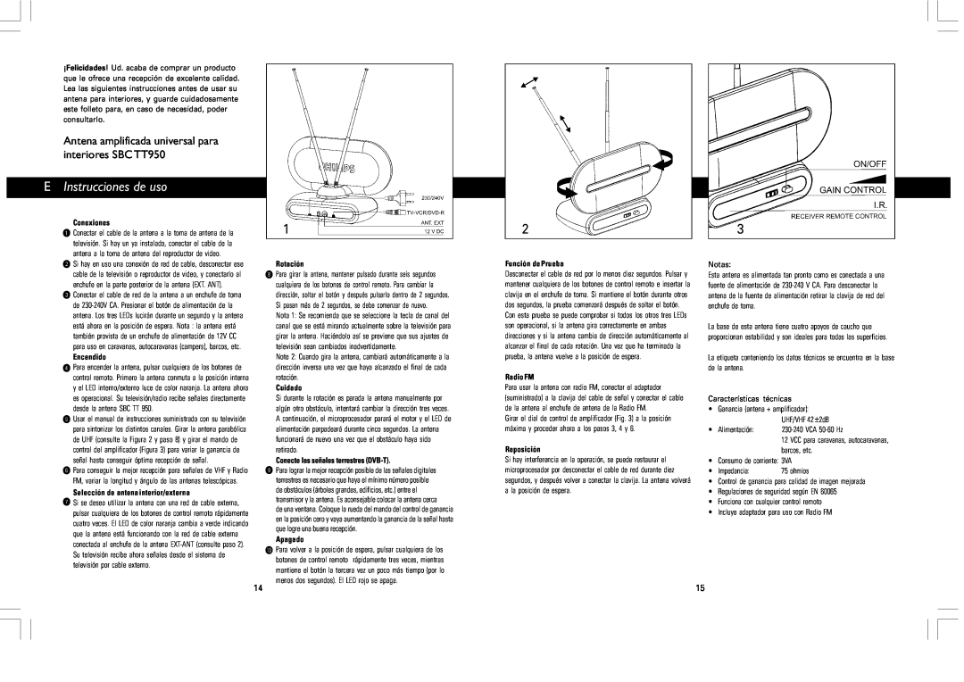SBC comm SBCTT950 instruction manual E Instrucciones de uso, Antena amplificada universal para interiores SBC TT950 