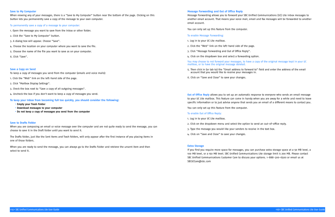 SBC comm SGC00116-1 manual Save to My Computer, Save a Copy on Send, Save to Drafts Folder, Extra Storage 
