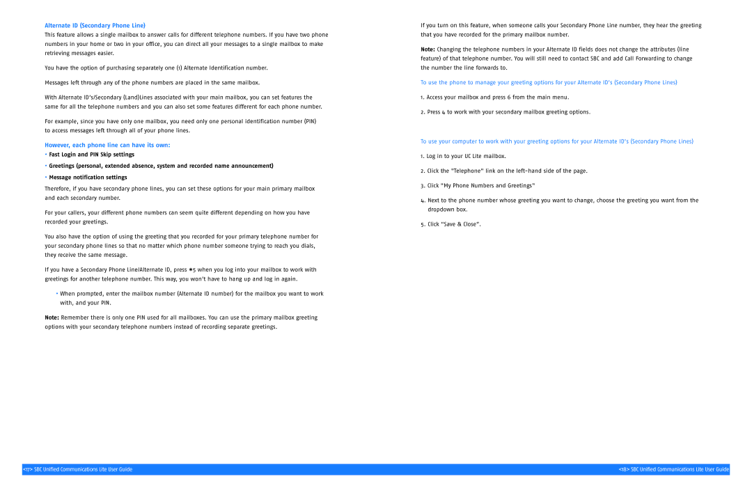 SBC comm SGC00116-1 manual Alternate ID Secondary Phone Line, However, each phone line can have its own 