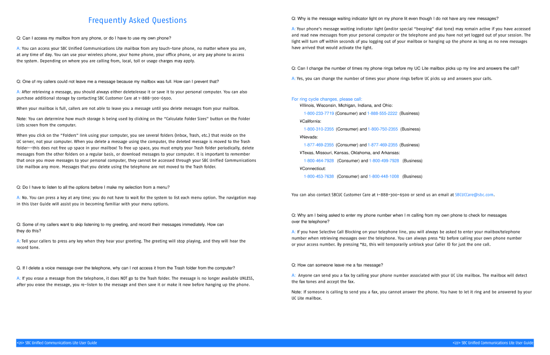 SBC comm SGC00116-1 manual Frequently Asked Questions, For ring cycle changes, please call 