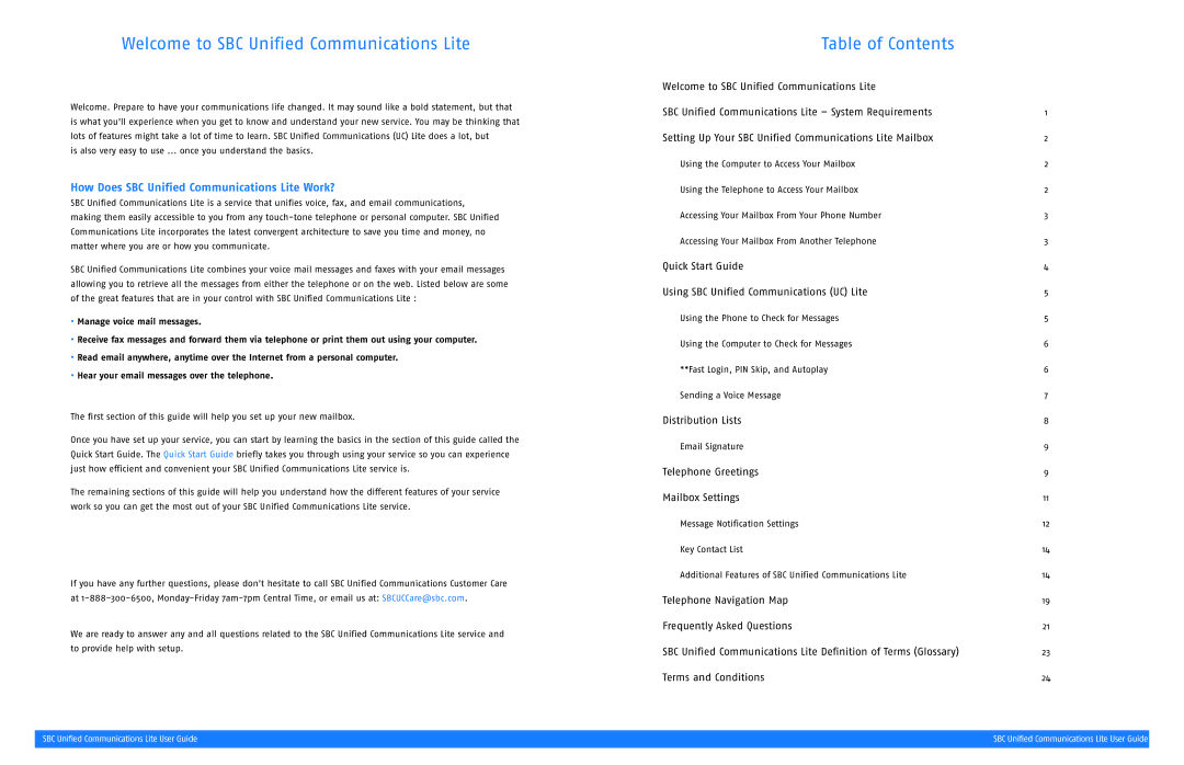 SBC comm SGC00116-1 manual Welcome to SBC Unified Communications Lite, Table of Contents 