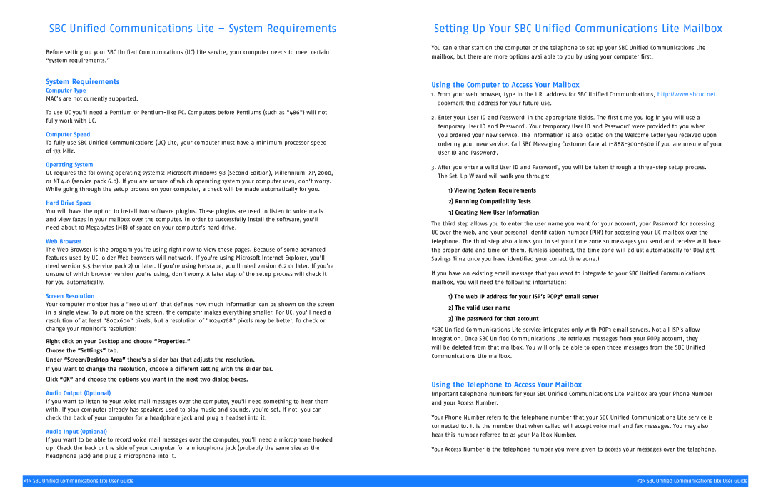 SBC comm SGC00116-1 manual SBC Unified Communications Lite System Requirements, Using the Computer to Access Your Mailbox 