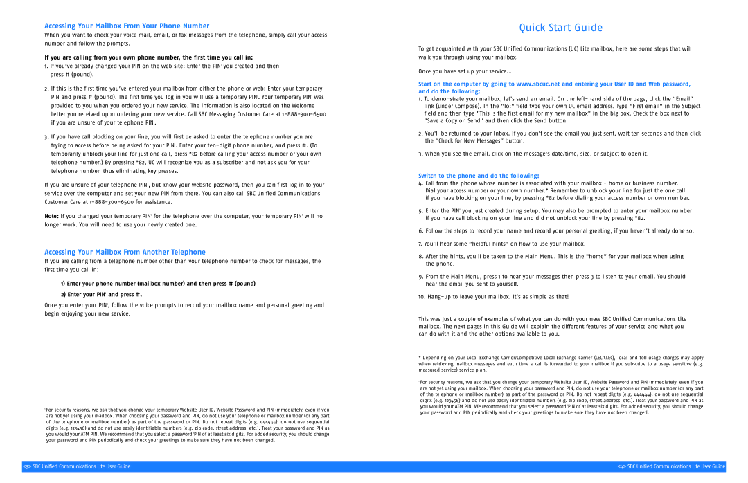 SBC comm SGC00116-1 manual Quick Start Guide, Accessing Your Mailbox From Your Phone Number 