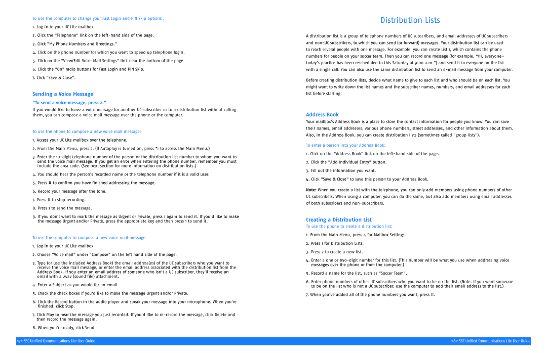 SBC comm SGC00116-1 manual Distribution Lists, Sending a Voice Message, Address Book, Creating a Distribution List 