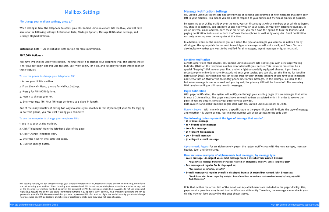 SBC comm SGC00116-1 manual Mailbox Settings, Message Notification Settings, Landline Notification, Pager Notification 