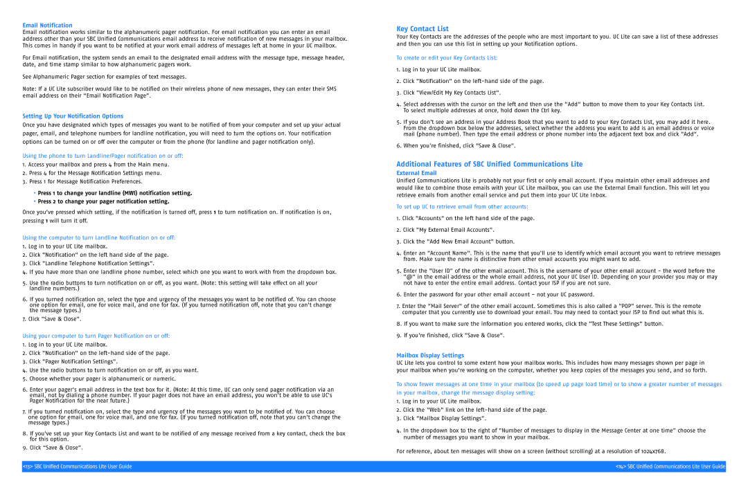 SBC comm SGC00116-1 manual Key Contact List, Additional Features of SBC Unified Communications Lite 