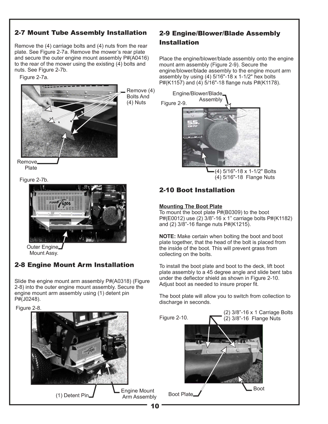 Scag Power Equipment 37621220 manual Mount Tube Assembly Installation, Engine/Blower/Blade Assembly Installation 