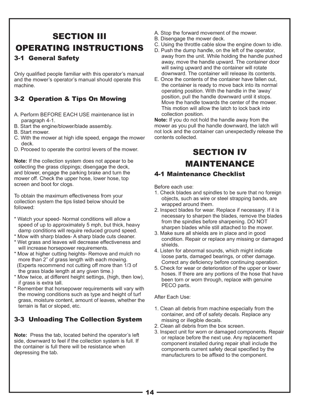 Scag Power Equipment 37621219, 37621220 manual Section Operating Instructions, Section Maintenance 