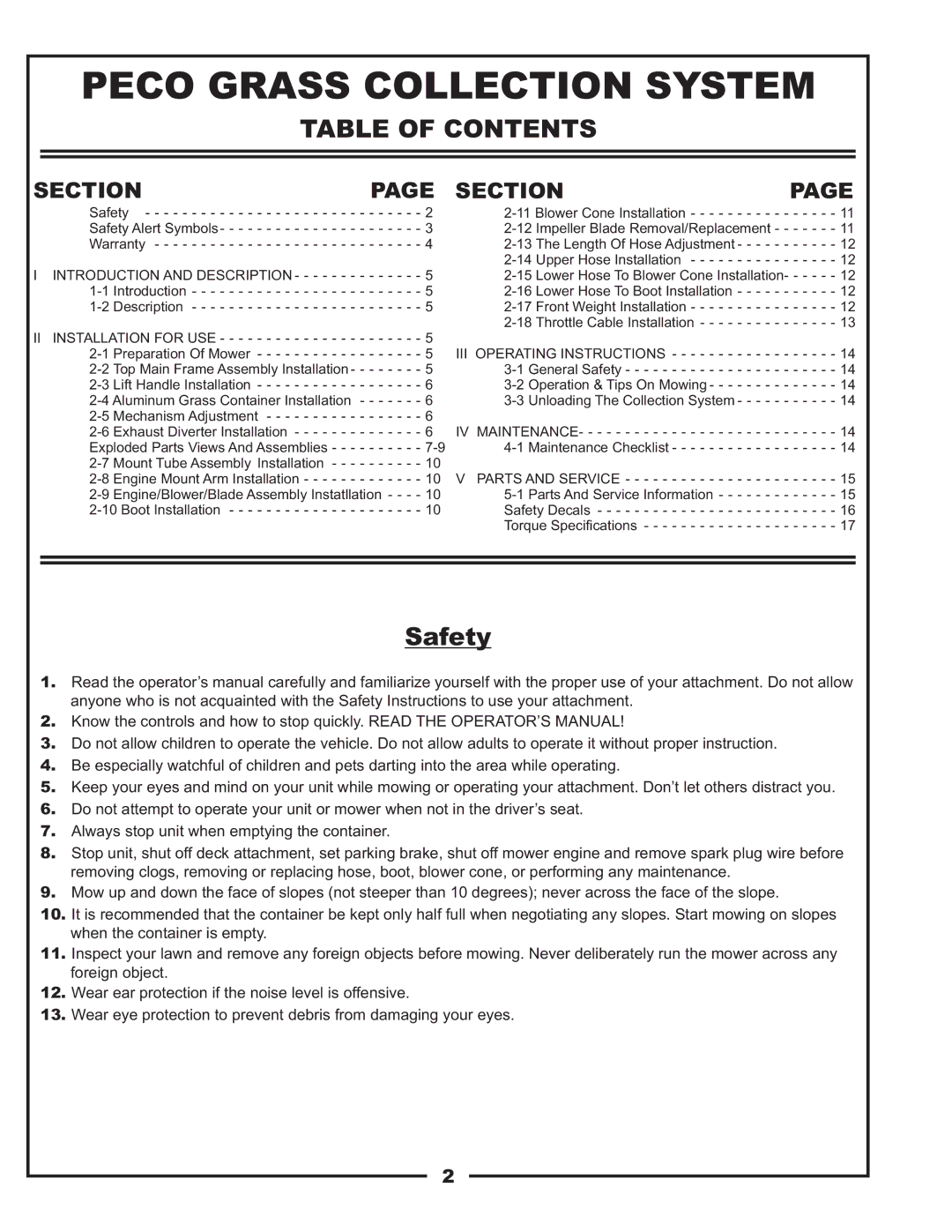 Scag Power Equipment 37621219, 37621220 manual Peco Grass Collection System, Table of Contents 