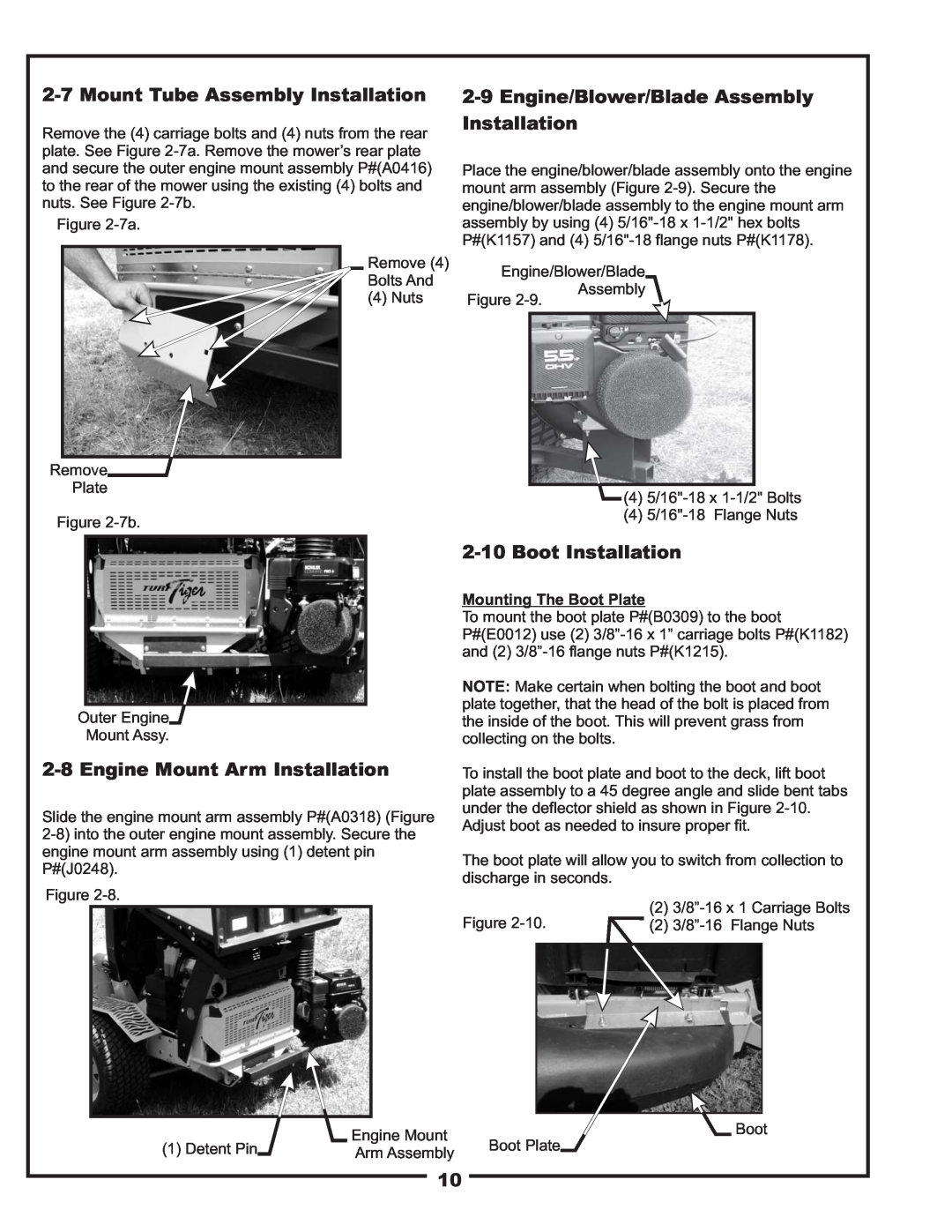 Scag Power Equipment 37621220 manual Mount Tube Assembly Installation, Engine/Blower/Blade Assembly Installation 