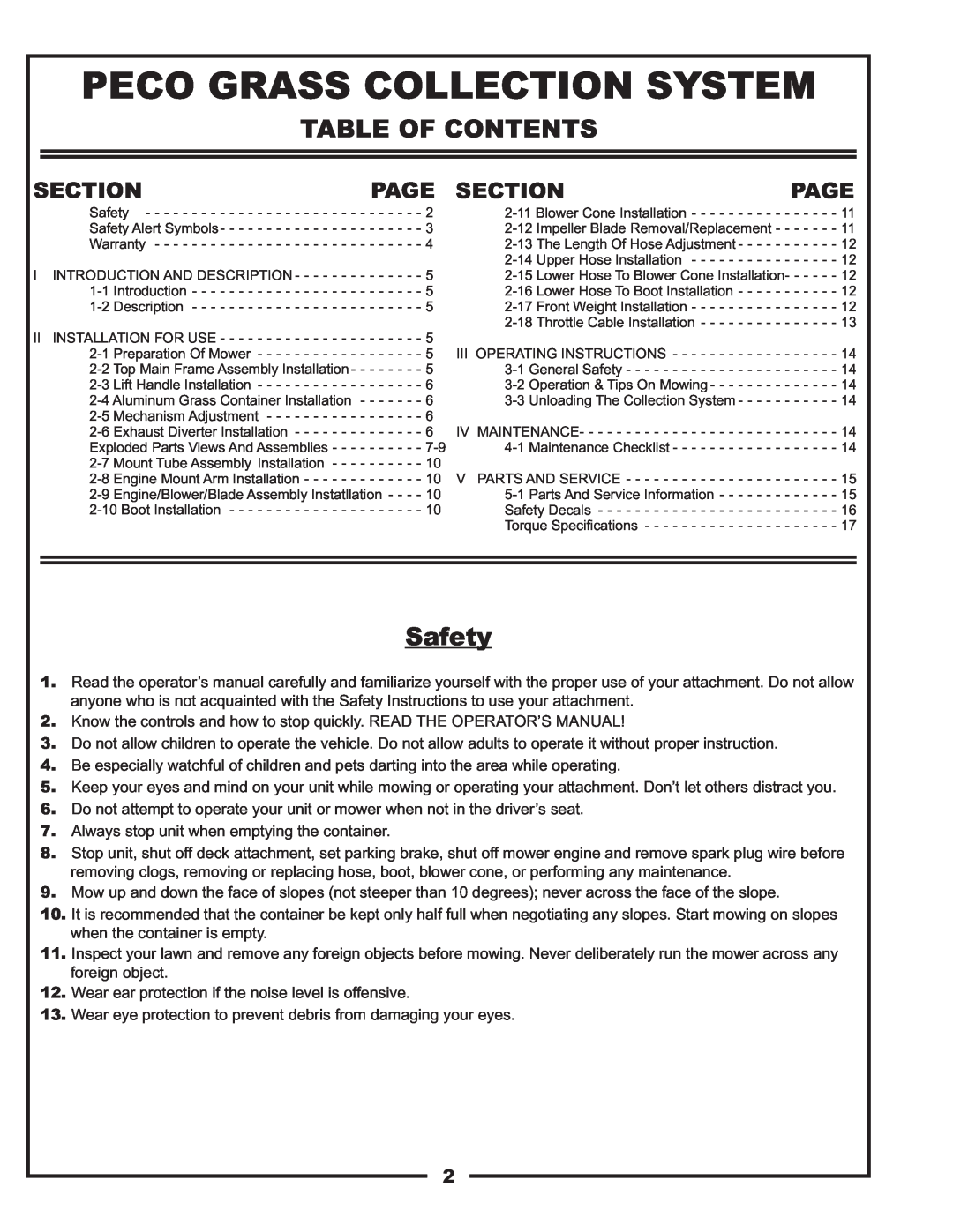 Scag Power Equipment 37621219, 37621220 manual Table Of Contents, Safety, Section, Page, Peco Grass Collection System 
