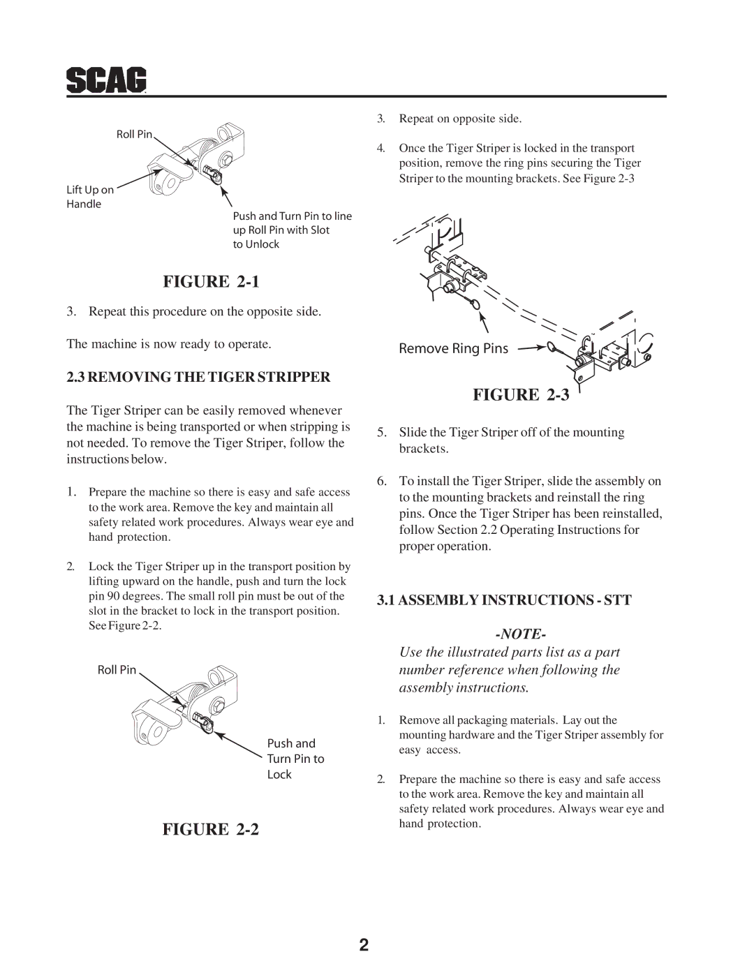 Scag Power Equipment 7630001 manual Removing the Tiger Stripper, Assembly Instructions STT 