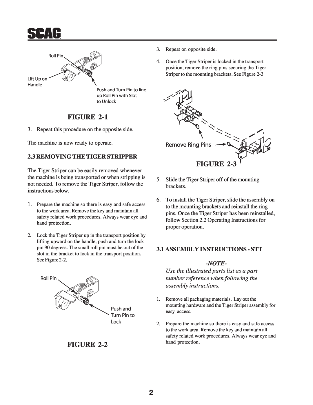Scag Power Equipment 7630001 manual Removing The Tiger Stripper, Assembly Instructions - Stt, assembly instructions 