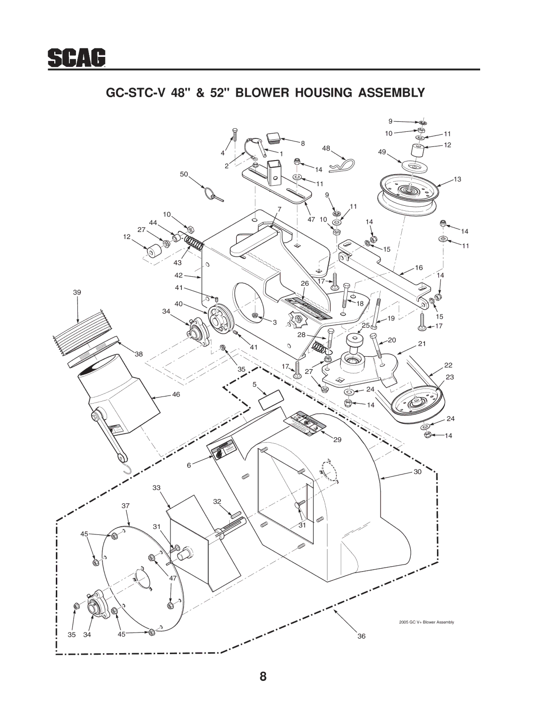 Scag Power Equipment operating instructions GC-STC-V 48 & 52 Blower Housing Assembly, Ving 