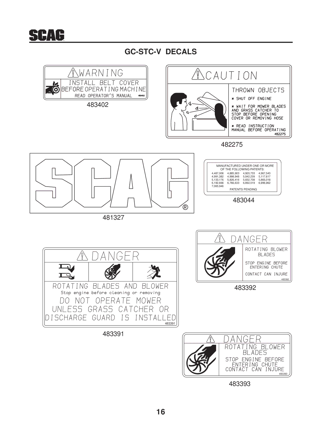 Scag Power Equipment operating instructions GC-STC-V Decals, 483402 482275 