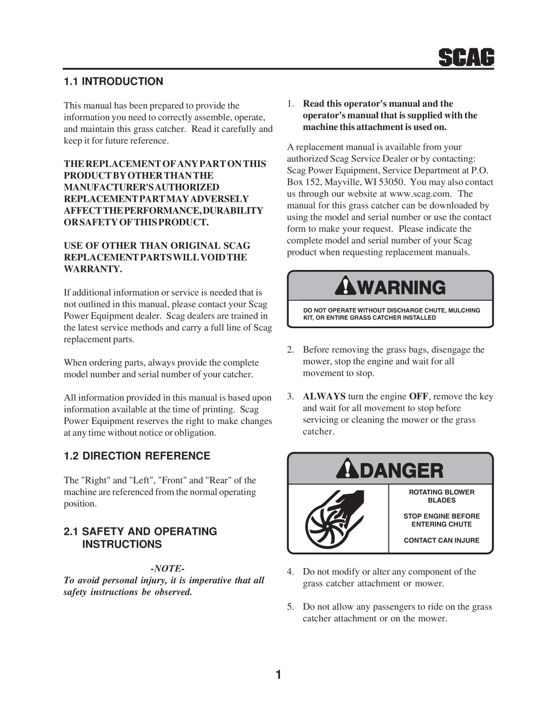 Scag Power Equipment GC-STC-V operating instructions Introduction 