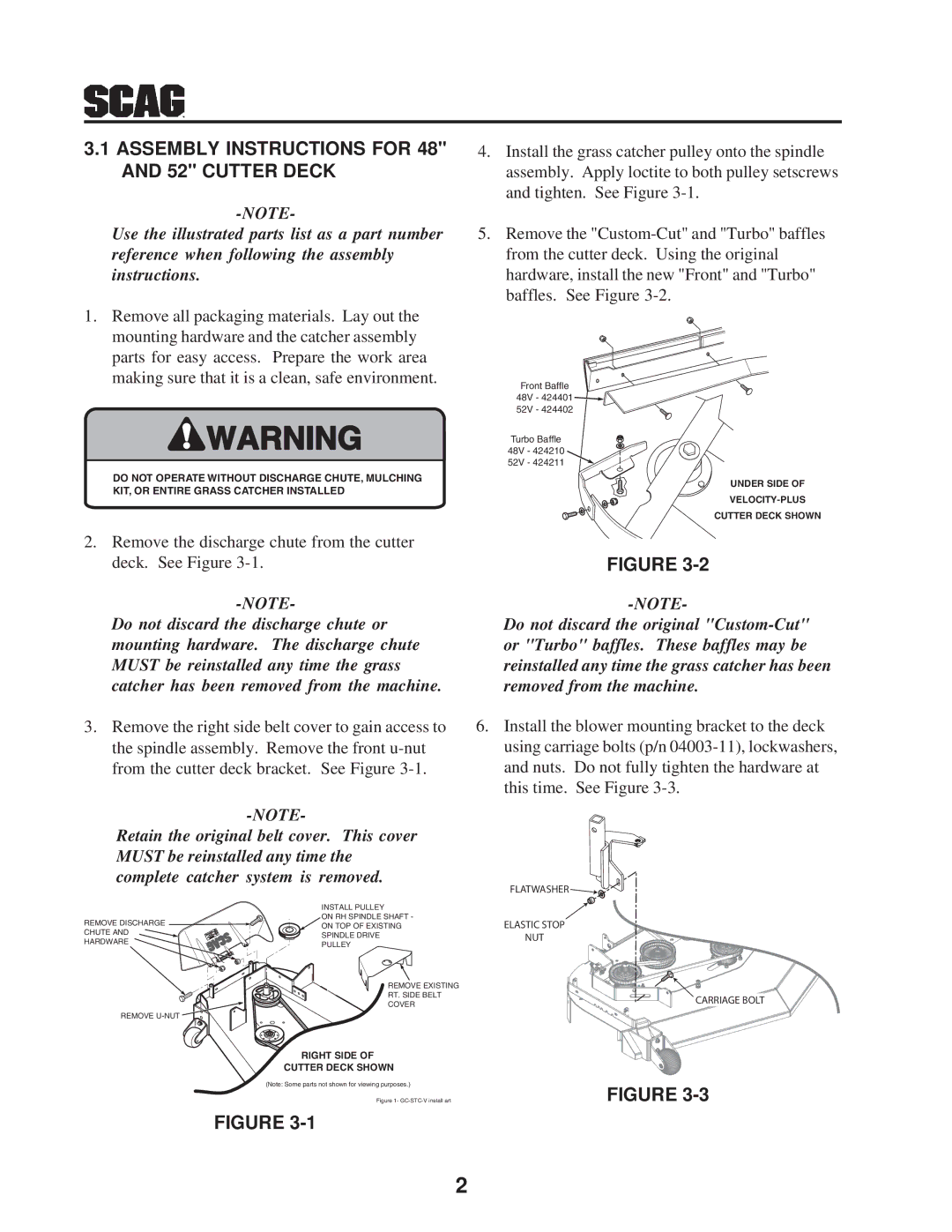 Scag Power Equipment GC-STC-V operating instructions Assembly Instructions for 48 and 52 Cutter Deck 