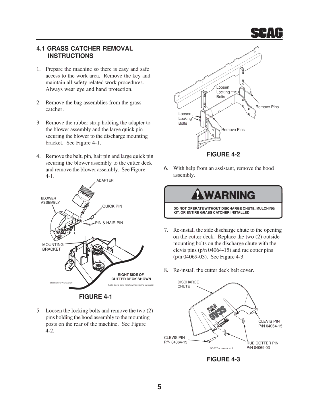 Scag Power Equipment GC-STC-V operating instructions Grass Catcher Removal Instructions 