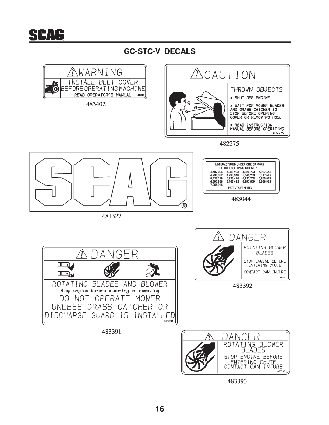 Scag Power Equipment GC-STC-V operating instructions Gc-Stc-V Decals, 483402, 483044, 483392, 483391, 483393 