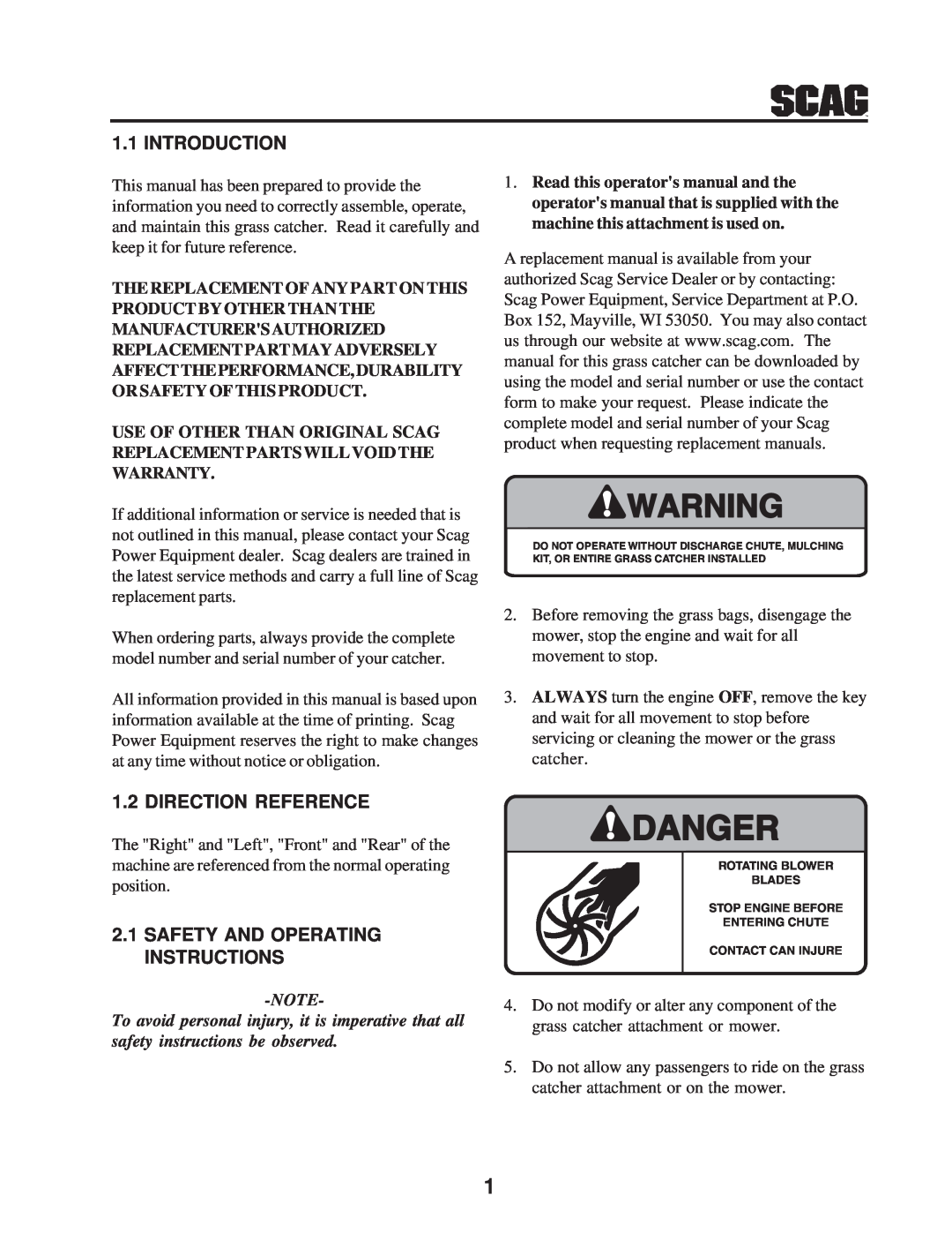 Scag Power Equipment GC-STC-V Introduction, Direction Reference, Safety And Operating Instructions, Danger 