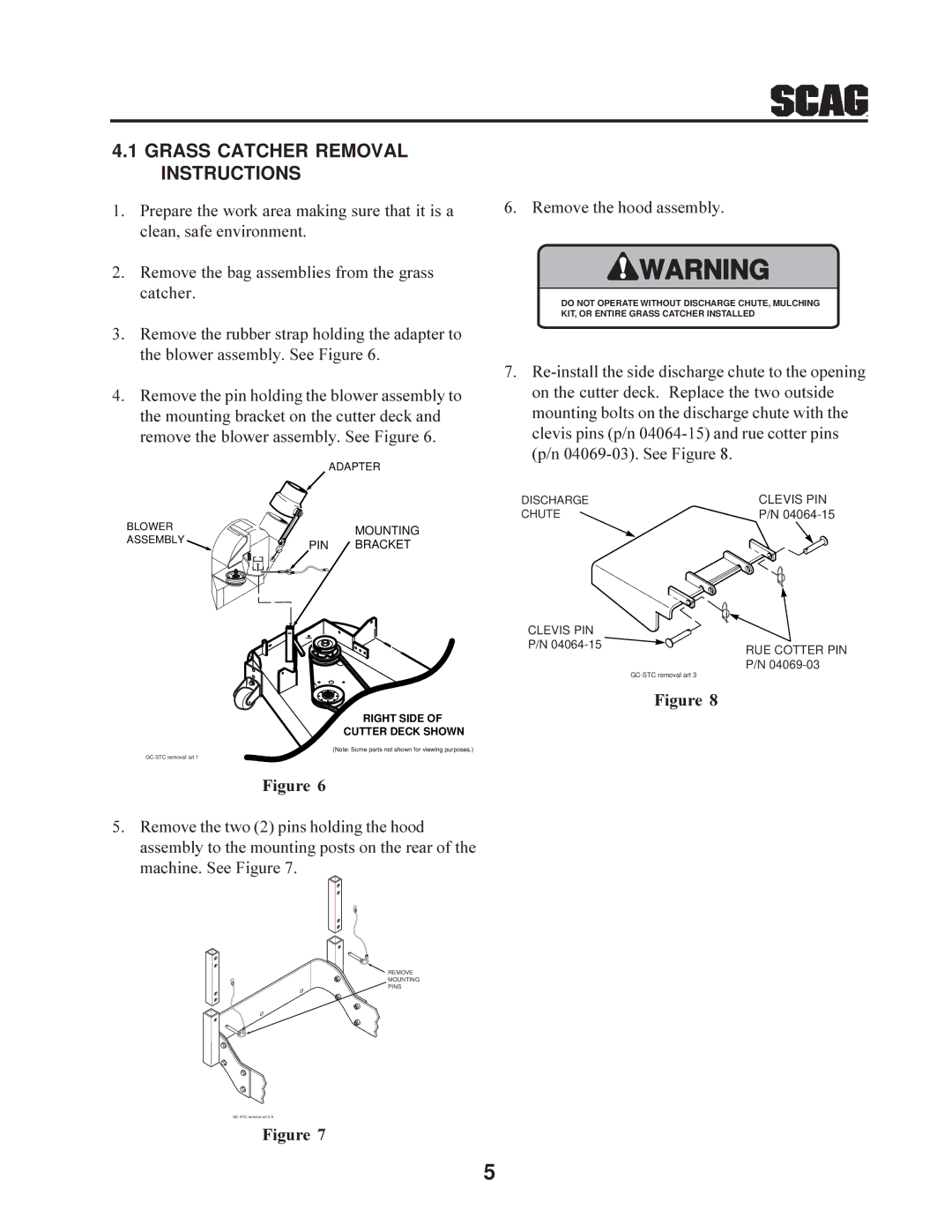 Scag Power Equipment GC-STC manual Grass Catcher Removal Instructions 