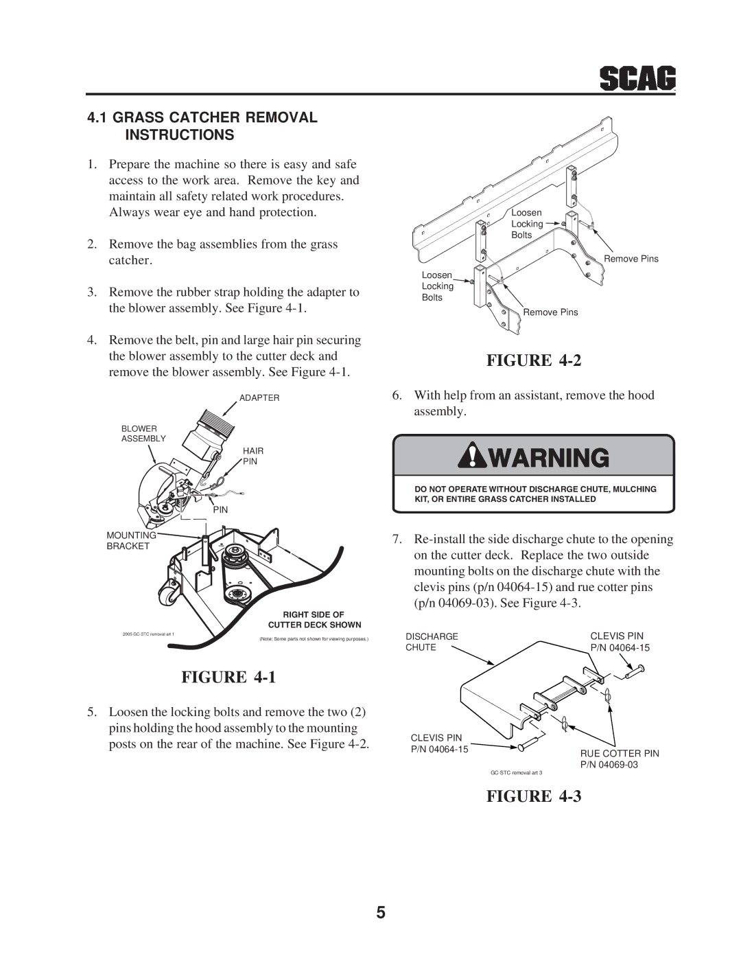 Scag Power Equipment GC-STC manual Grass Catcher Removal Instructions 