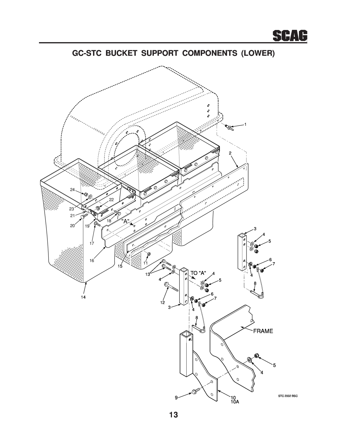 Scag Power Equipment GC-STC manual Gc-Stc Bucket Support Components Lower, Frame, To A, STC 2002 BSC 