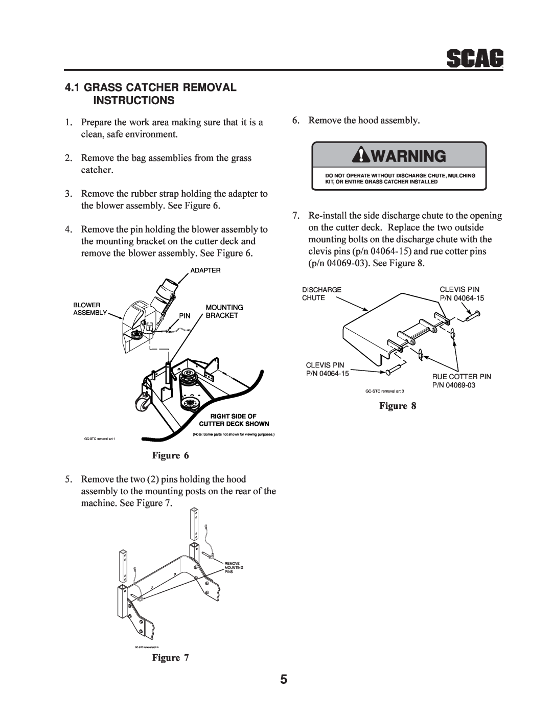 Scag Power Equipment GC-STC manual Grass Catcher Removal Instructions 